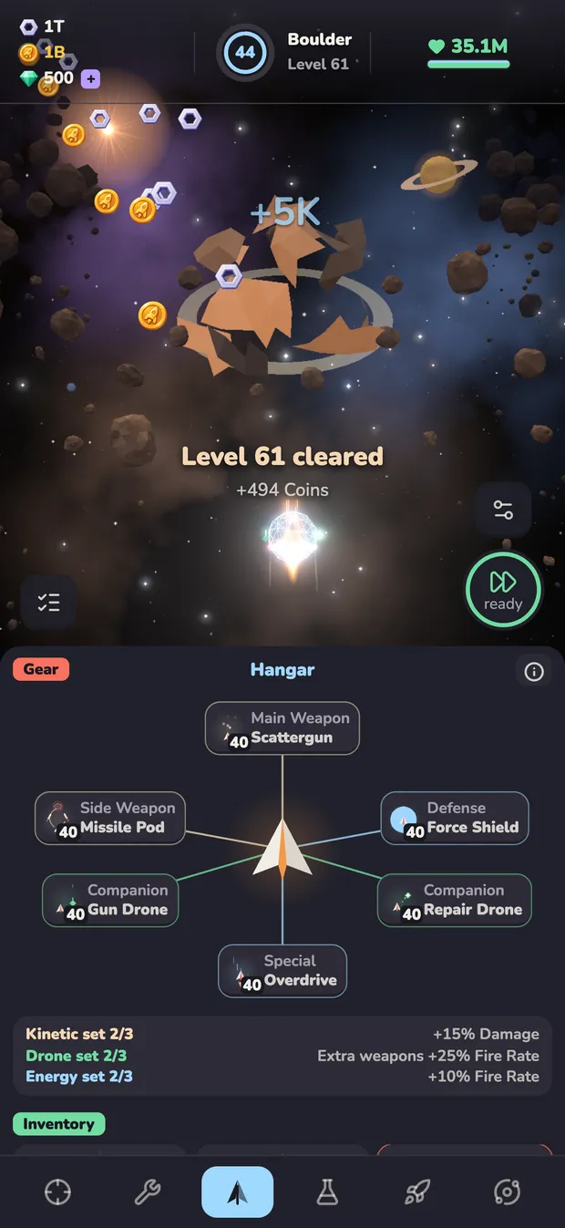 Hangar with six slots for scattergun, missile pod, force shield, two drones and overdrive