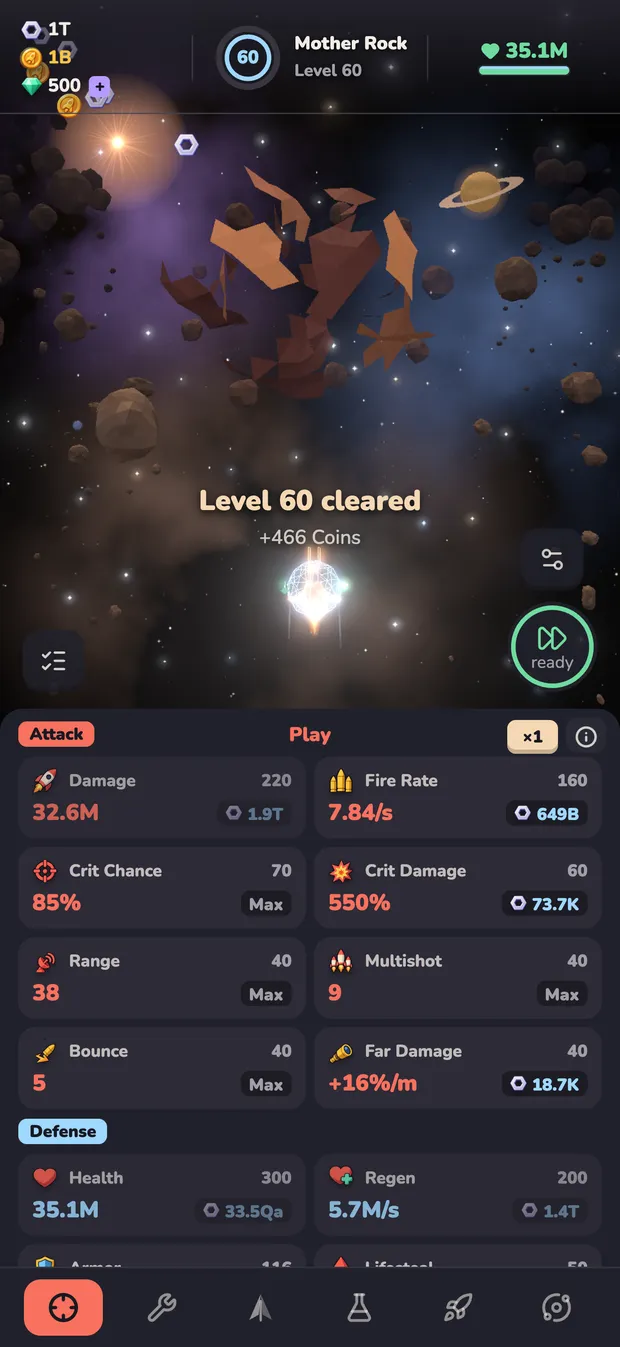 Level 60 cleared, credits and coins fly into your balance, upgrade tiles below