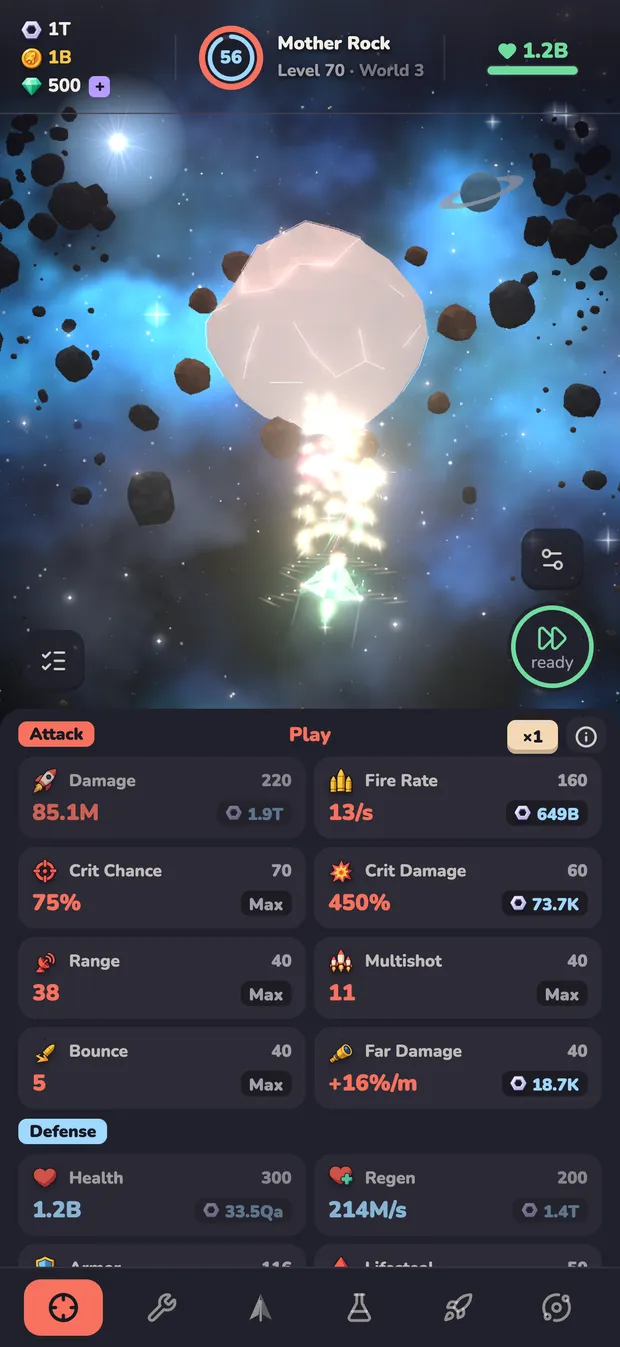 World 3: the ship fires a dense stream at the Mother Rock