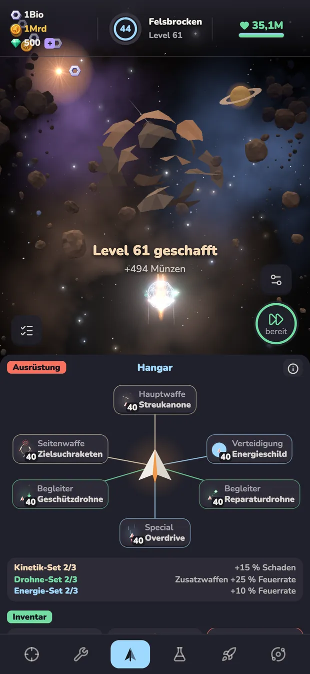 Hangar mit sechs Plätzen für Streukanone, Zielsuchraketen, Energieschild, zwei Drohnen und Overdrive