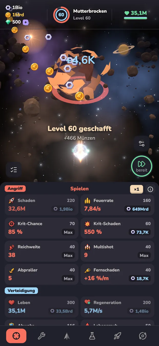 Level 60 geschafft, Credits und Münzen fliegen ins Konto, unten die Upgrade-Kacheln