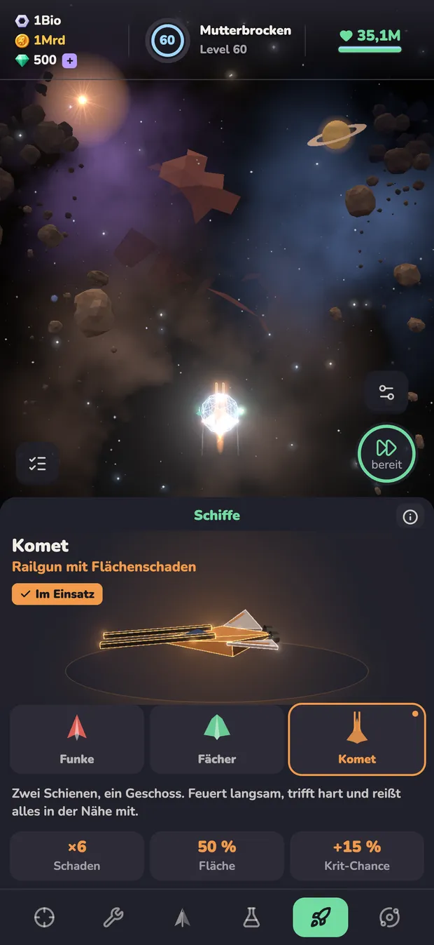 Schiffsauswahl mit Funke, Fächer und Komet